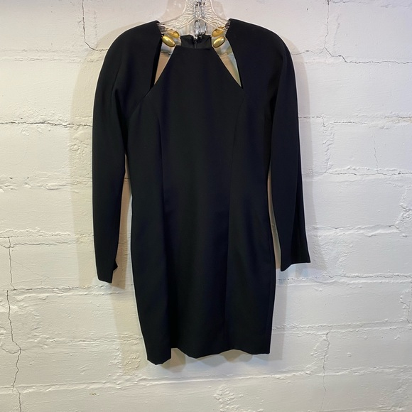 Gillian Black Dress w/ Gold Metal Accents w/ Cut Outs Around Neckline Elegant - Picture 2 of 10